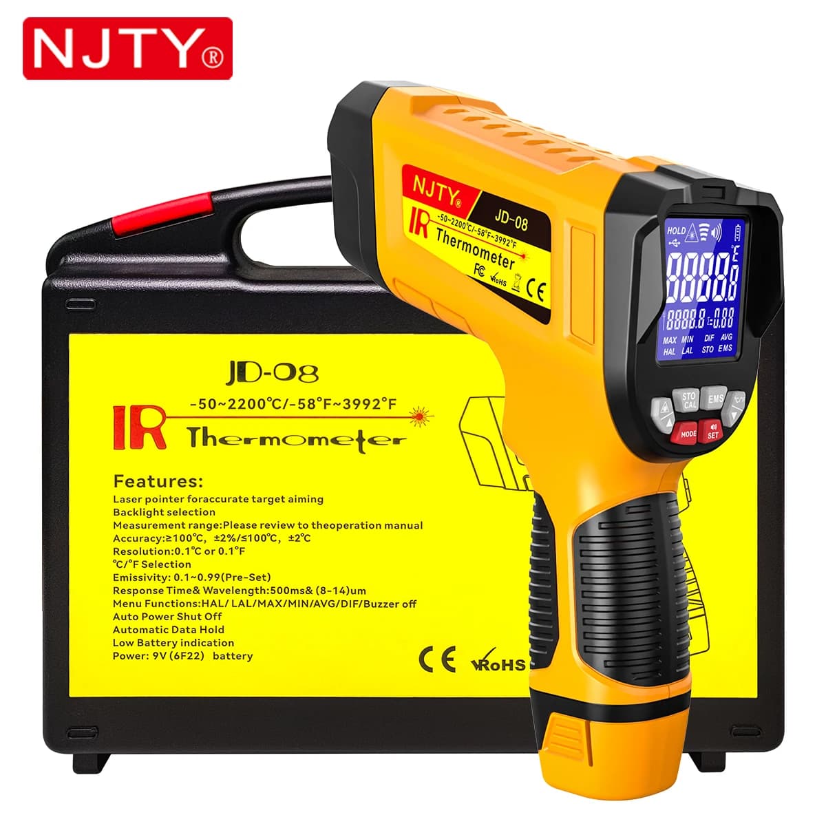 Industrial Infrared Thermometer NJTY JD08 -50°C °C ~2200 °C Professional Pirometer 50:1 with 50 Set of Historical Recordings MAX/MIN/AVG/DIF