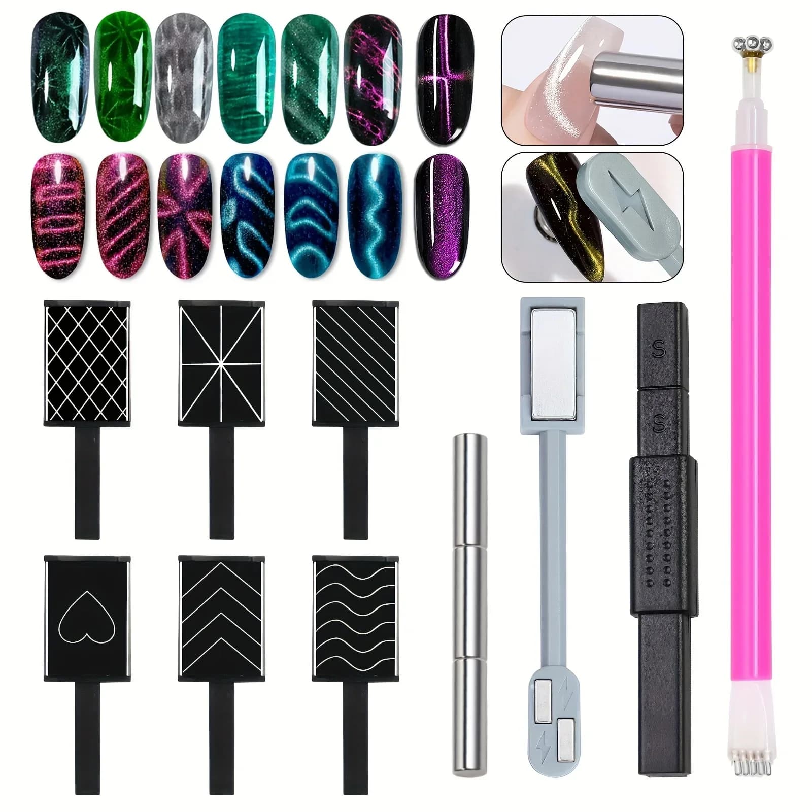 Set of 12 magnetic sticks for 3D magnetic gel cat eye effect, lightning designs and plum flower, tools for nail art with UV gel magnets