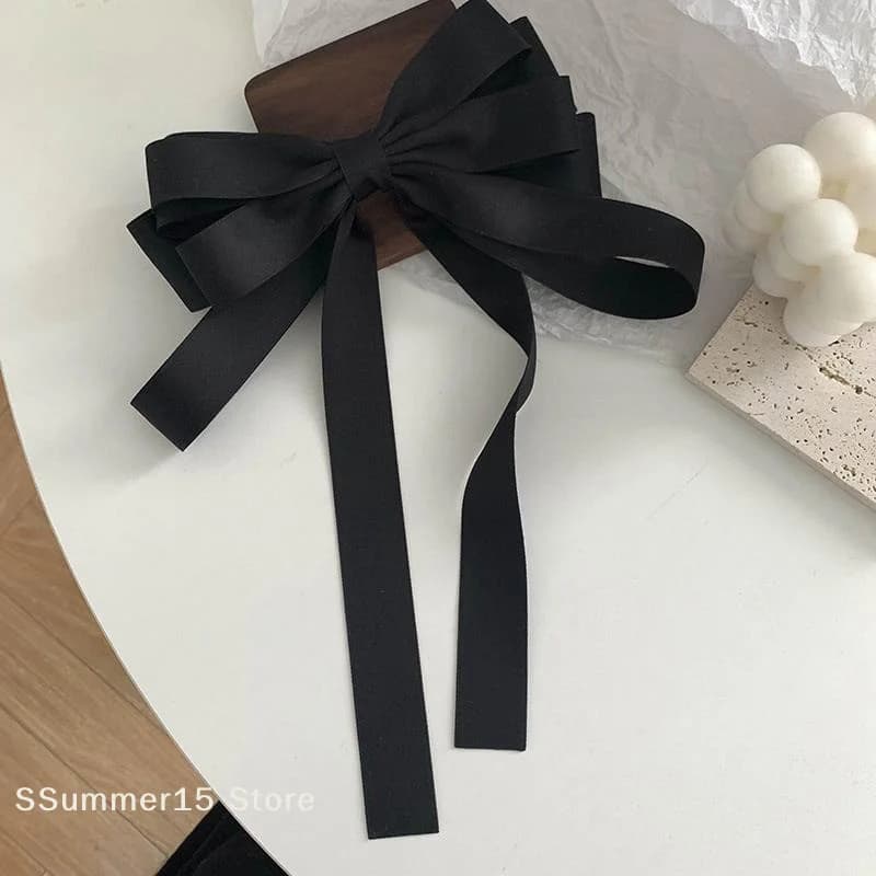 【R】Fashion Hair Clips For Women Girls Big Bowknot Solid Satin Long Ribbon Bows Spring Clamp Women's Ponytail Hair Clip