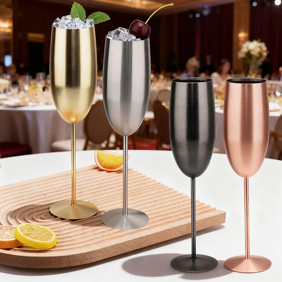 Calice di vetro da champagne opaco di lusso Calice da champagne in acciaio inossidabile 304 Bicchiere da cocktail per vino rosso Bevande per bar per feste di nozze