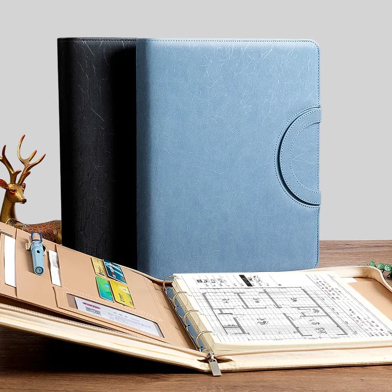 Nuova cartella magnetica portatile con cerniera A4, borsa per documenti combinata in pelle multifunzionale