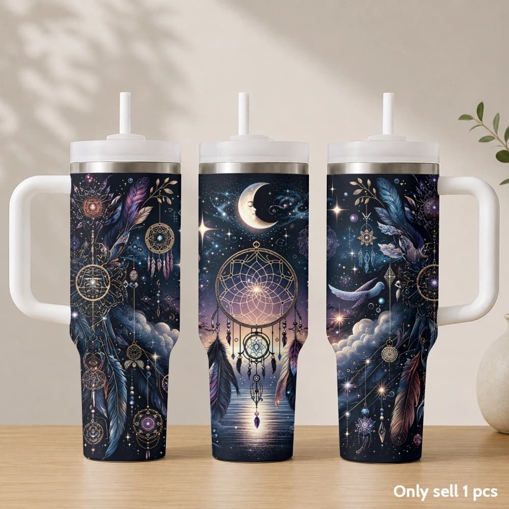 Indian Dream Catcher Vacuum Flasks 40oz Stainless Steel Insulated Tumbler with Handle & Straw Leakproof Travel Mug