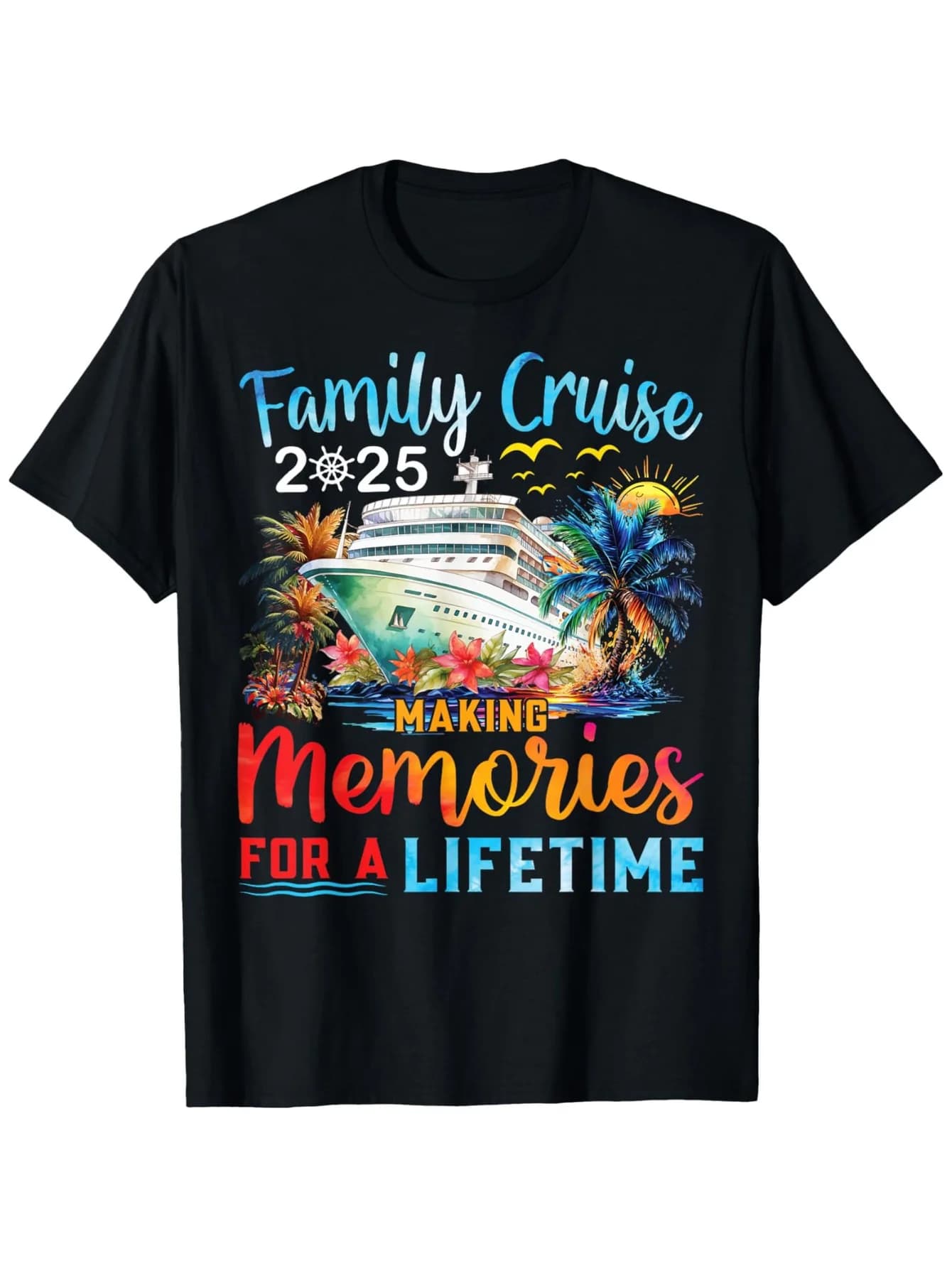 T-shirt coordinata Family Cruise 2025 - Barca da crociera/Palm Tree, maglietta estiva 100% cotone