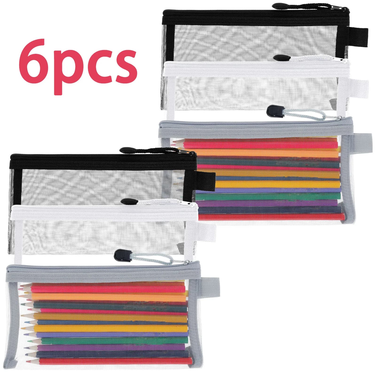 Astuccio per matite trasparente con cerniera da 6 pezzi Borsa per trucco in nylon Borsa per cancelleria per esame portatile Borsa per organizzazione di file multiuso