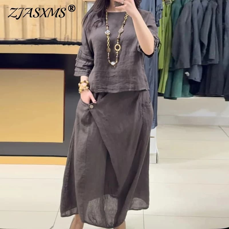 Casual O Collo Top Pullover e Gonne a trapezio Set di lino in cotone Donna 2 pezzi Mezza manica Abito ampio Abito vintage primaverile Harajuku