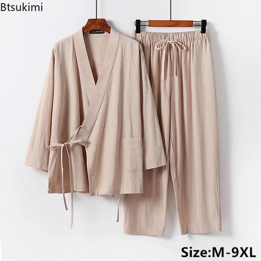 Complete Tang Suit Oversize 9XL Men's, Cotton and Linen Summer, Two Piece Set Traditional Chinese Style, Kimono with Laces + Hanfu Maschile Pants