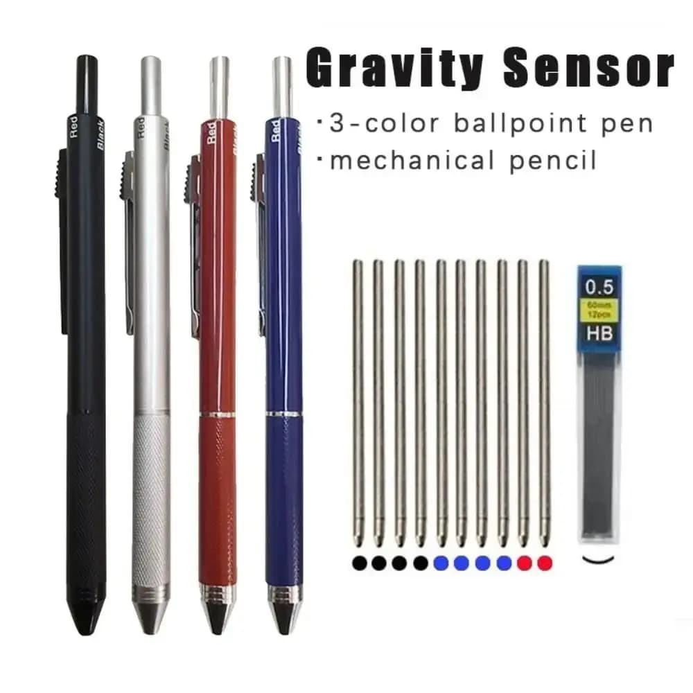 Penna multifunzione con rilevamento della gravità in metallo 4 in 1 Studenti Penna a sfera a 3 colori Set di matite meccaniche Penna gel con penna per firma