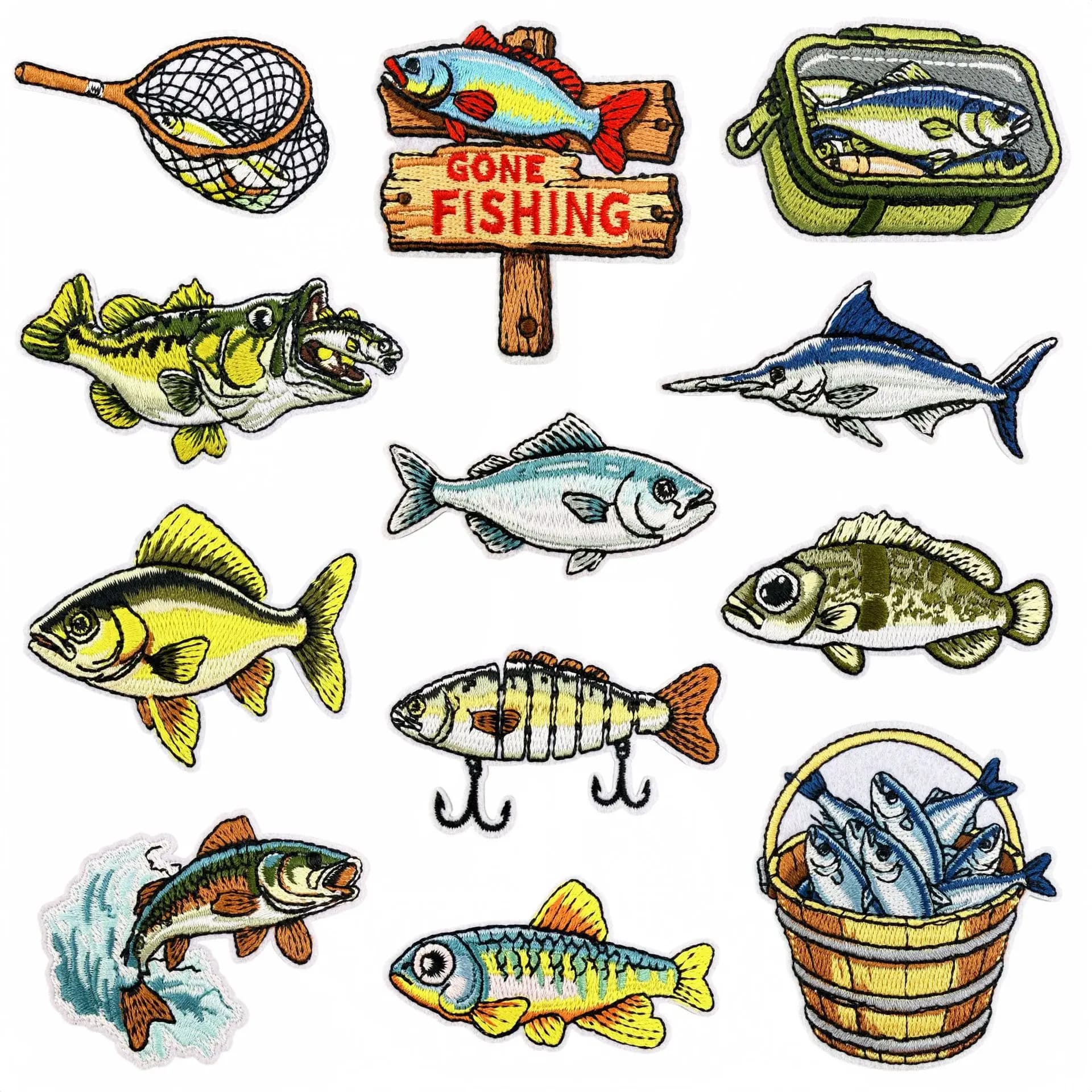 Cartoon Fish Embroidery Patch Fishing Net Slogan Badge Clothing Repair Decoration