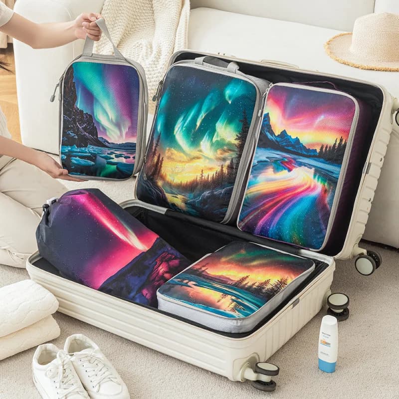 Set da Viaggio con Borse Comprimibili Stampate, Borsa per Cosmetici e Scarpe in Poliestere, Non Pieghevole, per Viaggi