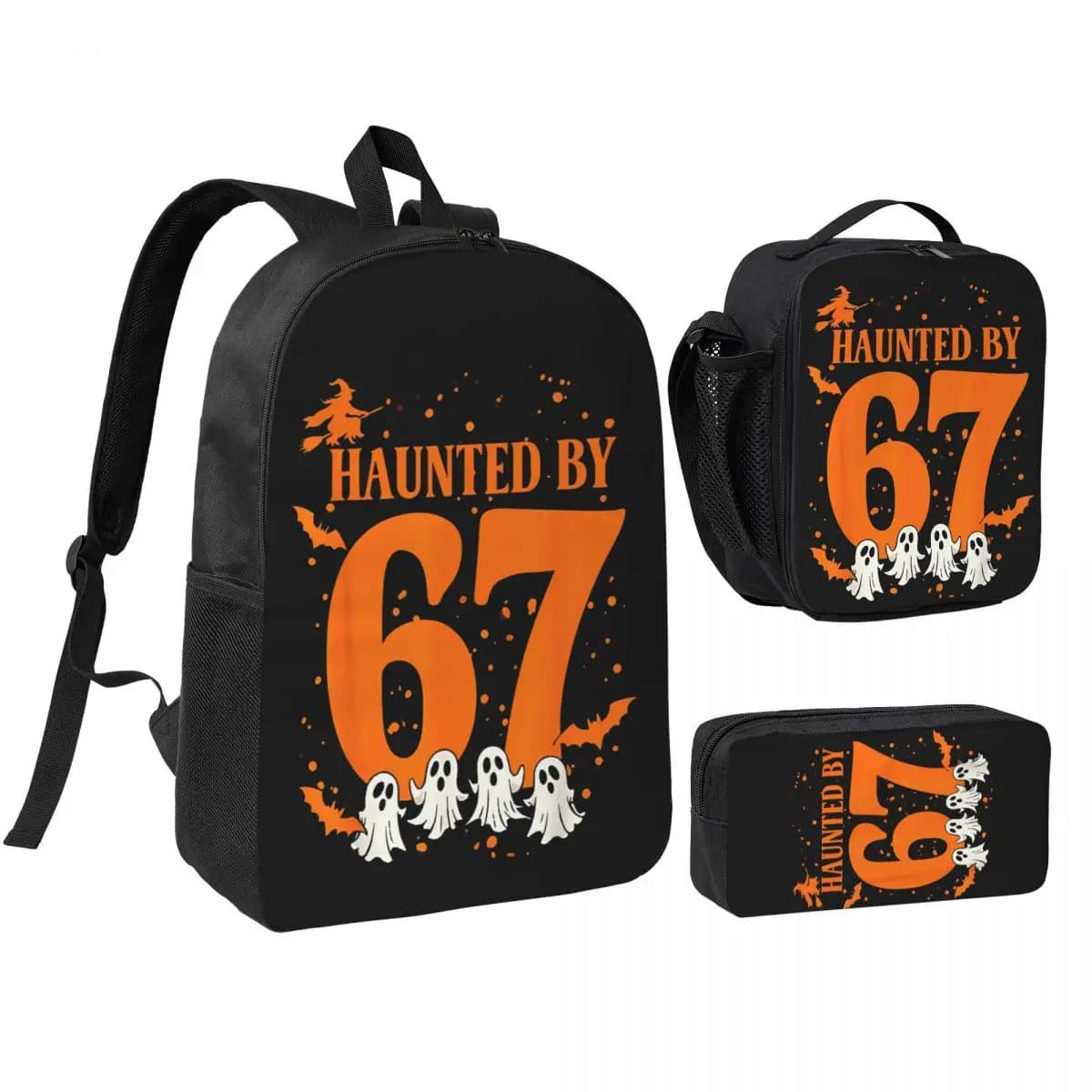 Haunted By 67 Funny Halloween Meme Witch Bats Ghosts 3pecs/set Backpack for Boys Girls Laptop Canvas Bags Lunch bag Pencil Case