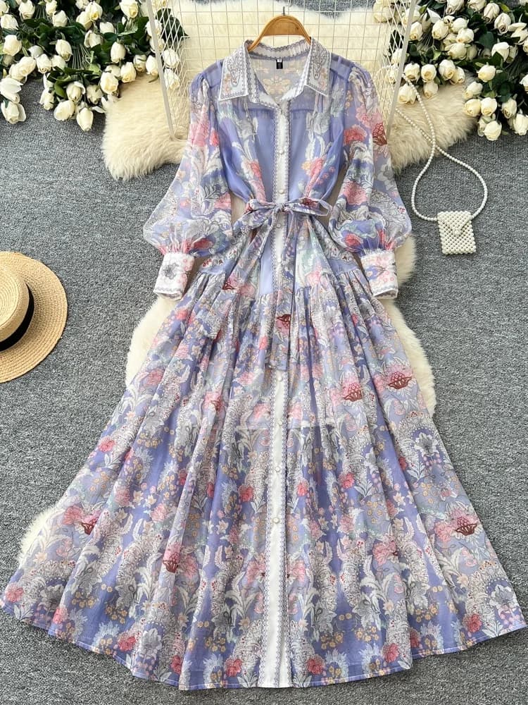 Abito da donna elegante a maniche lunghe con stampa floreale, stile coreano, vita cinata, linea ad A, maxi, per vacanze, ideale per il commuting, in poliestere