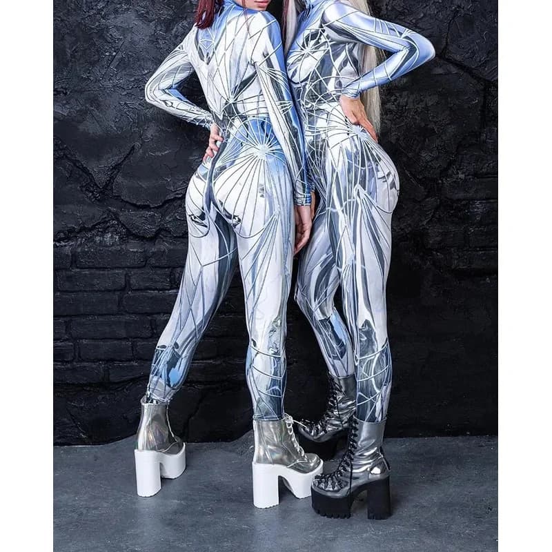 MODA Donna Crystal Damage Costume Nero Specchio Tute Donna Stampa artistica Zentai Body Ragazza Vacanza Festa Cosplay Outfit