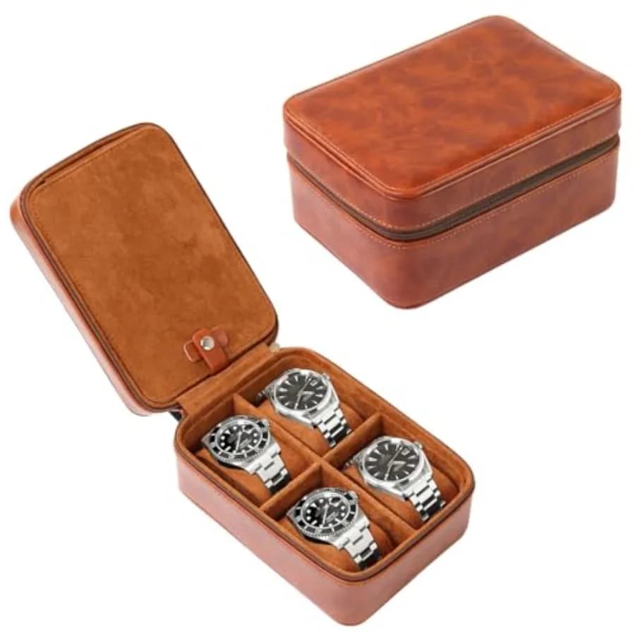Custodia per Orologi a 5 Scomparti in Pelle PU, Organizer per Gioielli, Scatola da Viaggio per Orologi, Marrone