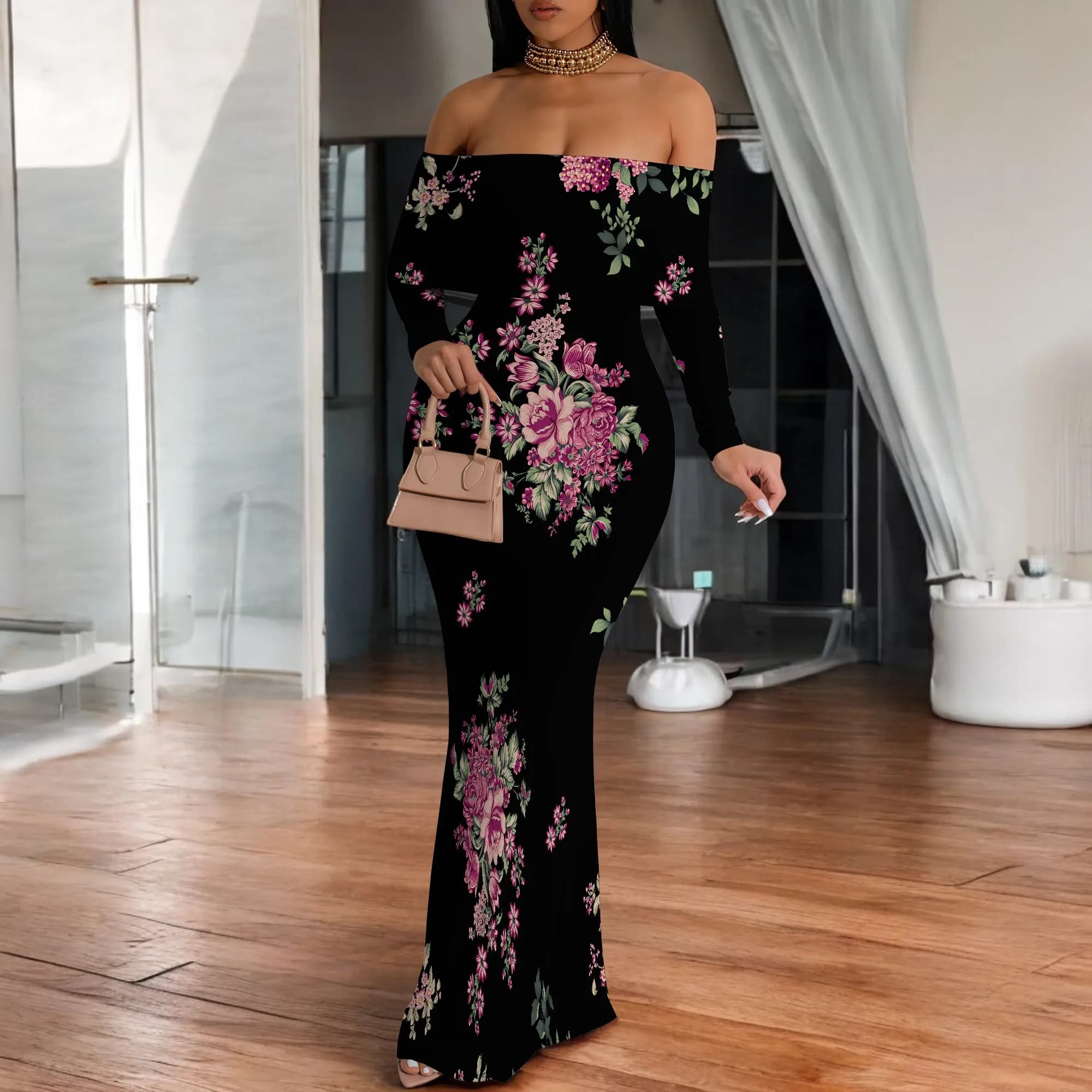 Abito lungo aderente a maniche lunghe con stampa floreale Boho con spalle scoperte per donna Look da vacanza in stile etnico