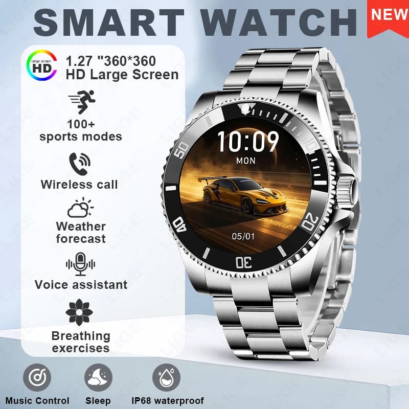 Smartwatch LIGE di Lusso in Acciaio, Monitoraggio Salute e Sport, Orologio da Uomo con Schermo HD da 1,27", Chiamate Bluetooth, Impermeabile IP68