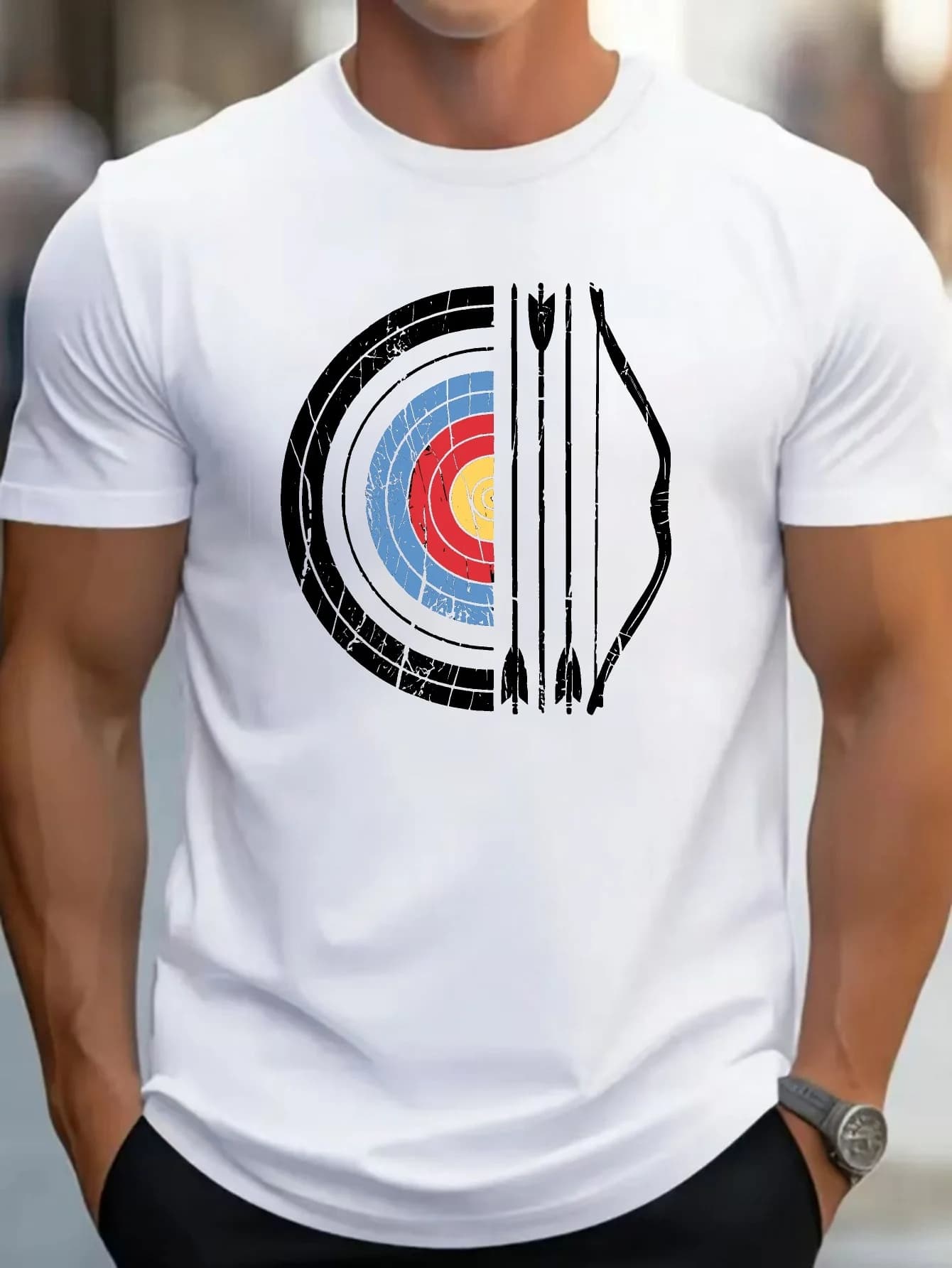 T-shirt da uomo in maglia di cotone traspirante con design al bersaglio per tiro con l'arco T-shirt grafica nera casual per tutte le stagioni per l'uso quotidiano