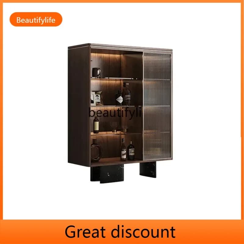 A503 Credenza minimalista italiana in legno di noce nera, vetrina da parete per soggiorno, vetrina per vino in vetro