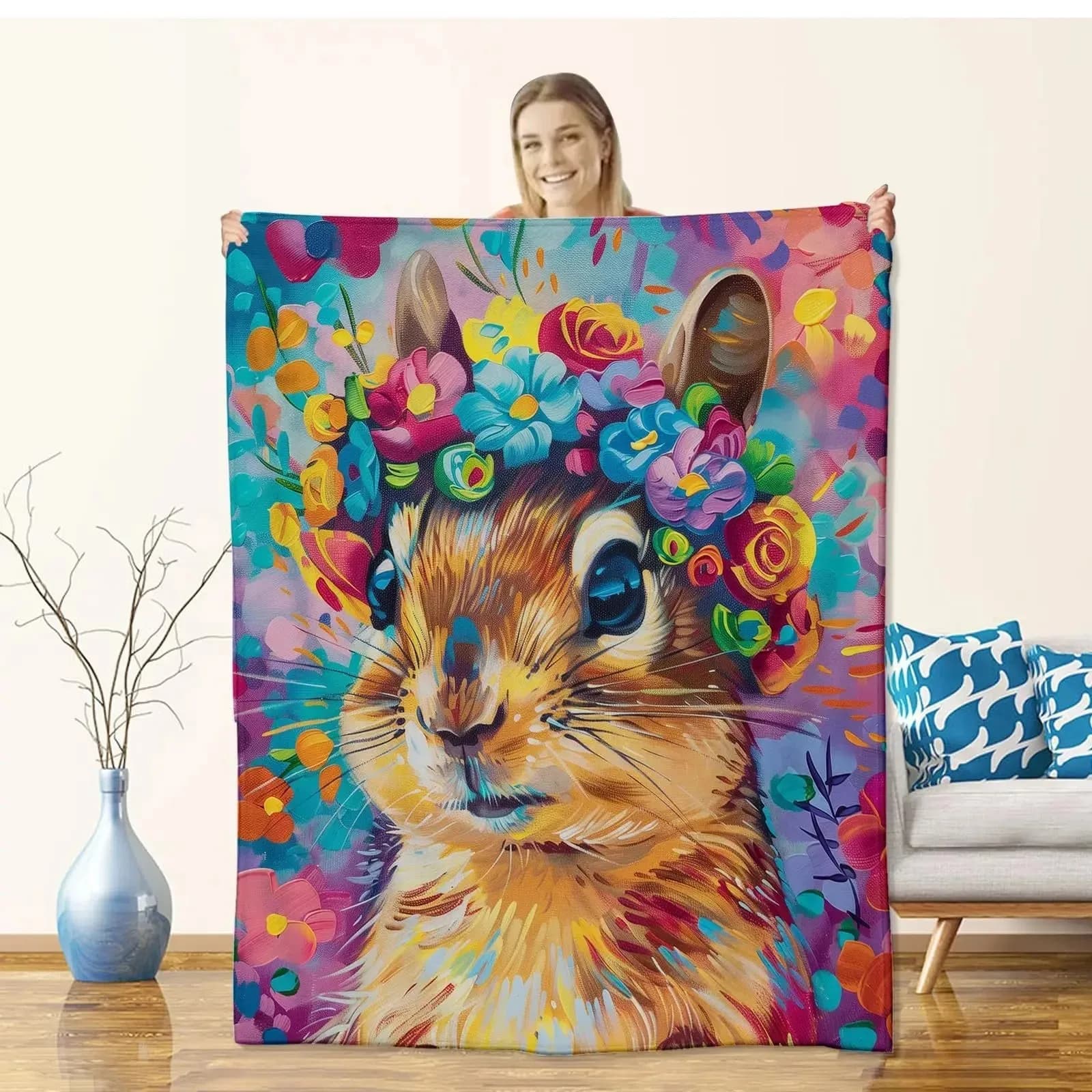 Velvet fleece blanket for sofa, soft, digitally printed polyester with coloured floral motifs, per bedroom