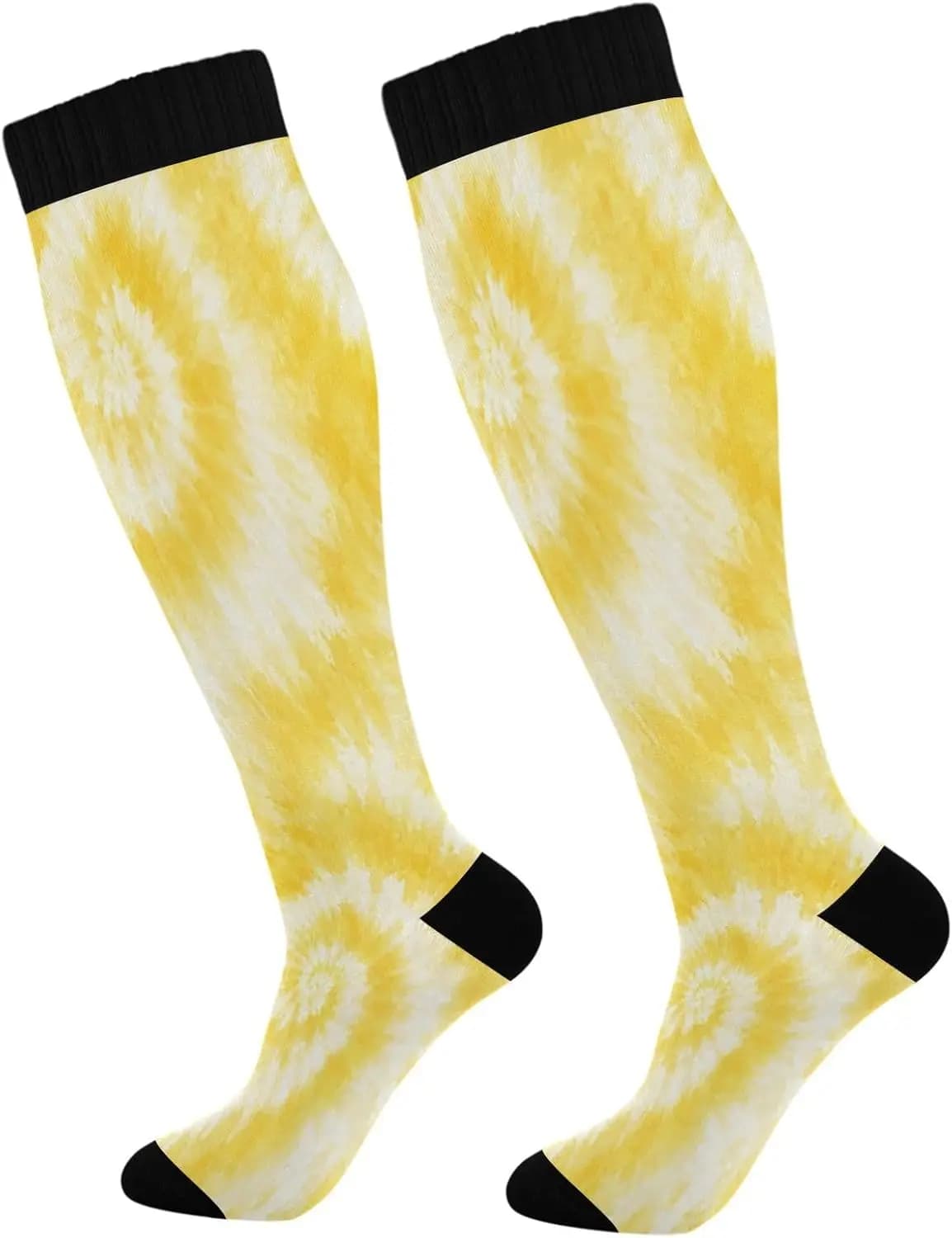 Yellow Tie-dye Compression Socks for Women Men 20-30mmHg Knee High Athletic Stockings, Running Cycling Sport