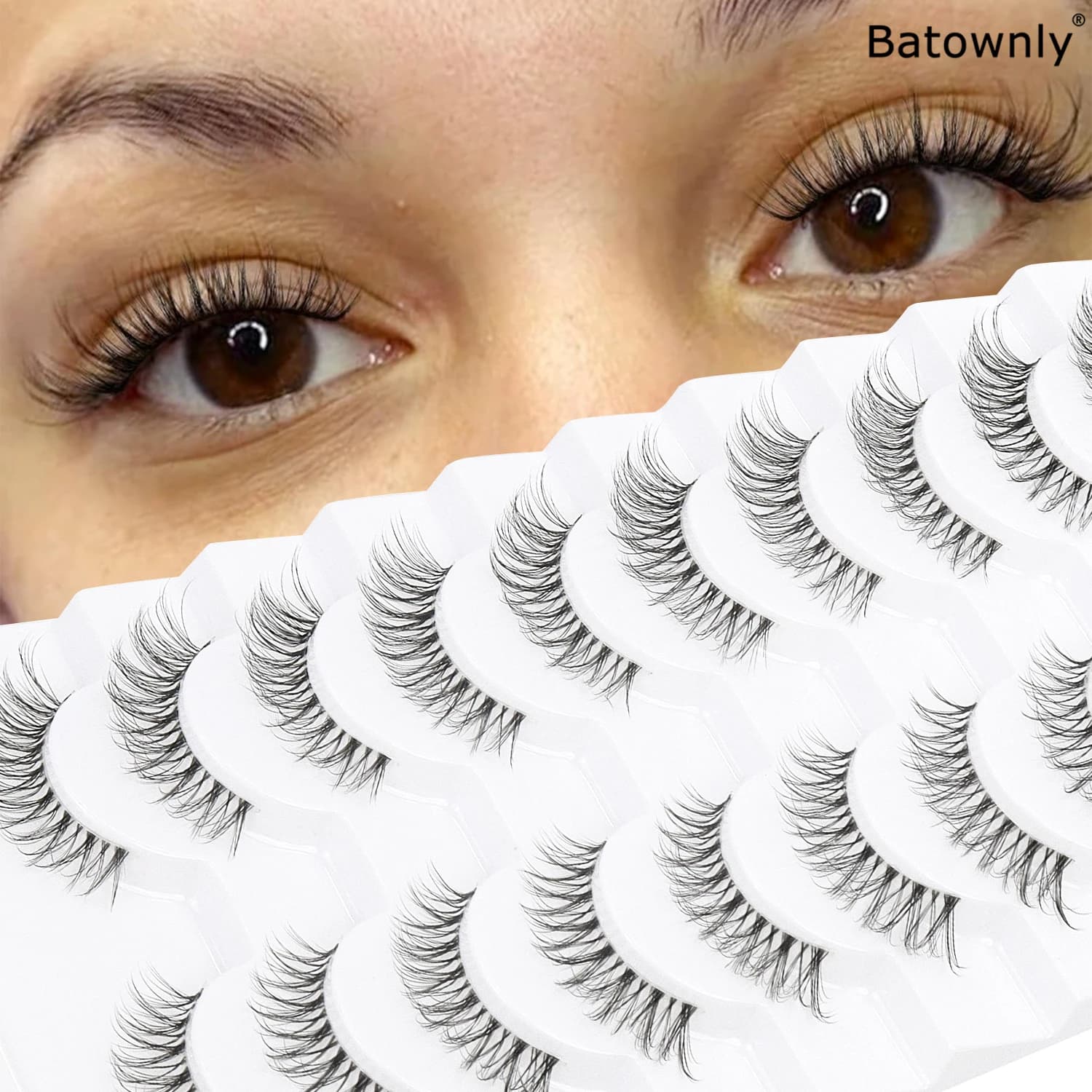 10 pairs of natural fake eyelashes transparent cross style with D curl, light and comfortable