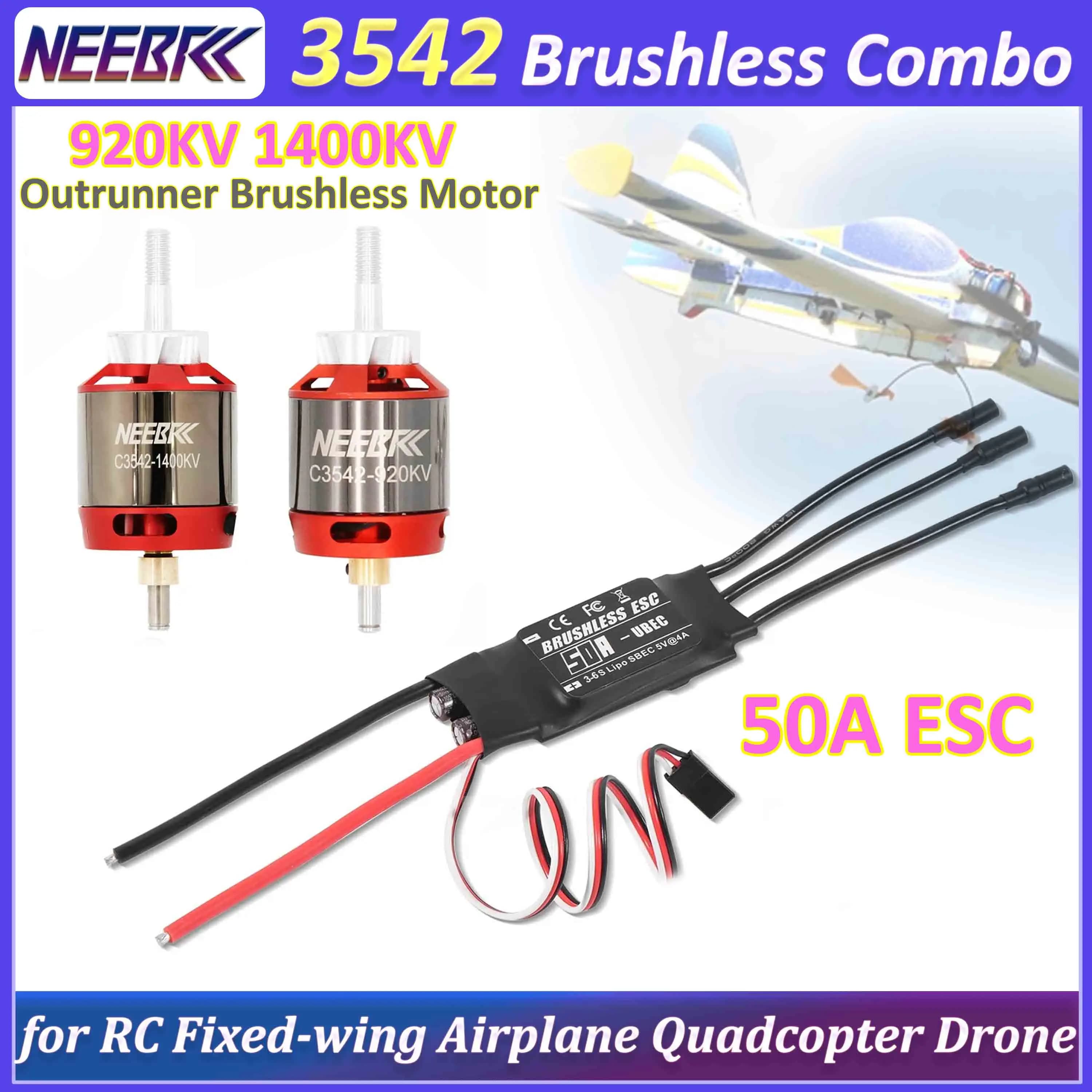 NEEBRC Combo Brushless per Aeromodelli ad Ala Fissa 3542 920KV 1400KV Motore Brushless Outrunner 50A ESC per Aerei RC, Quadricotteri e Droni