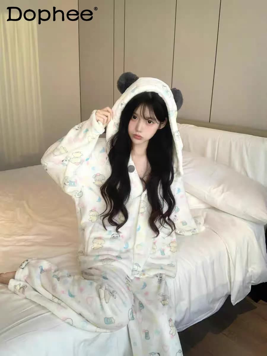 Stile giapponese Ins Sweet Girl Cartoon Cute Panda Coral Fleece Pigiama Autunno Inverno Addensato Caldo Flanella con cappuccio Homewear