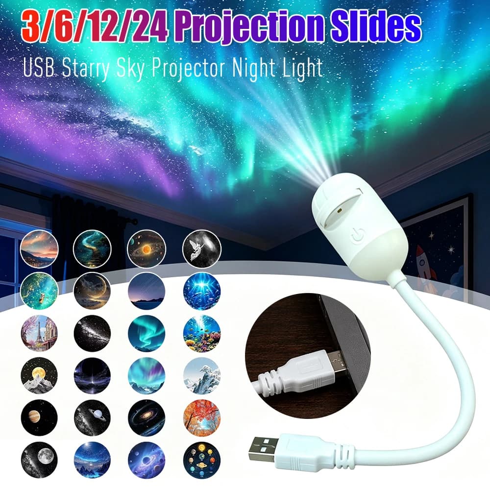 3-24 Projection Slides 2in1 Mini USB Galaxy Star Projector Night Light Starry Sky Ambient Lamp for Bedroom Sleep & Decoration