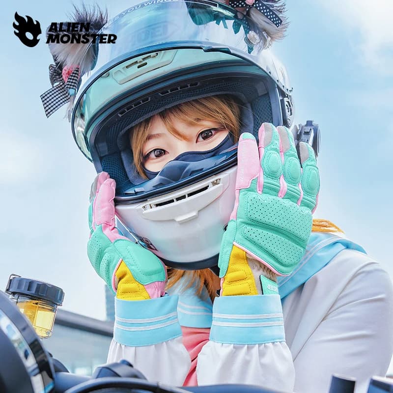 Guanti da moto in pelle Maglia estiva traspirante Uomo Donna Touch screen Guanti da ciclismo antiscivolo per moto Protezione per dita intere