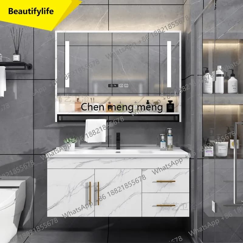 Mobile Bagno Moderno A17 con Specchio, Cassetti Contenitori e Accessori, Mobile Lavabo da Parete