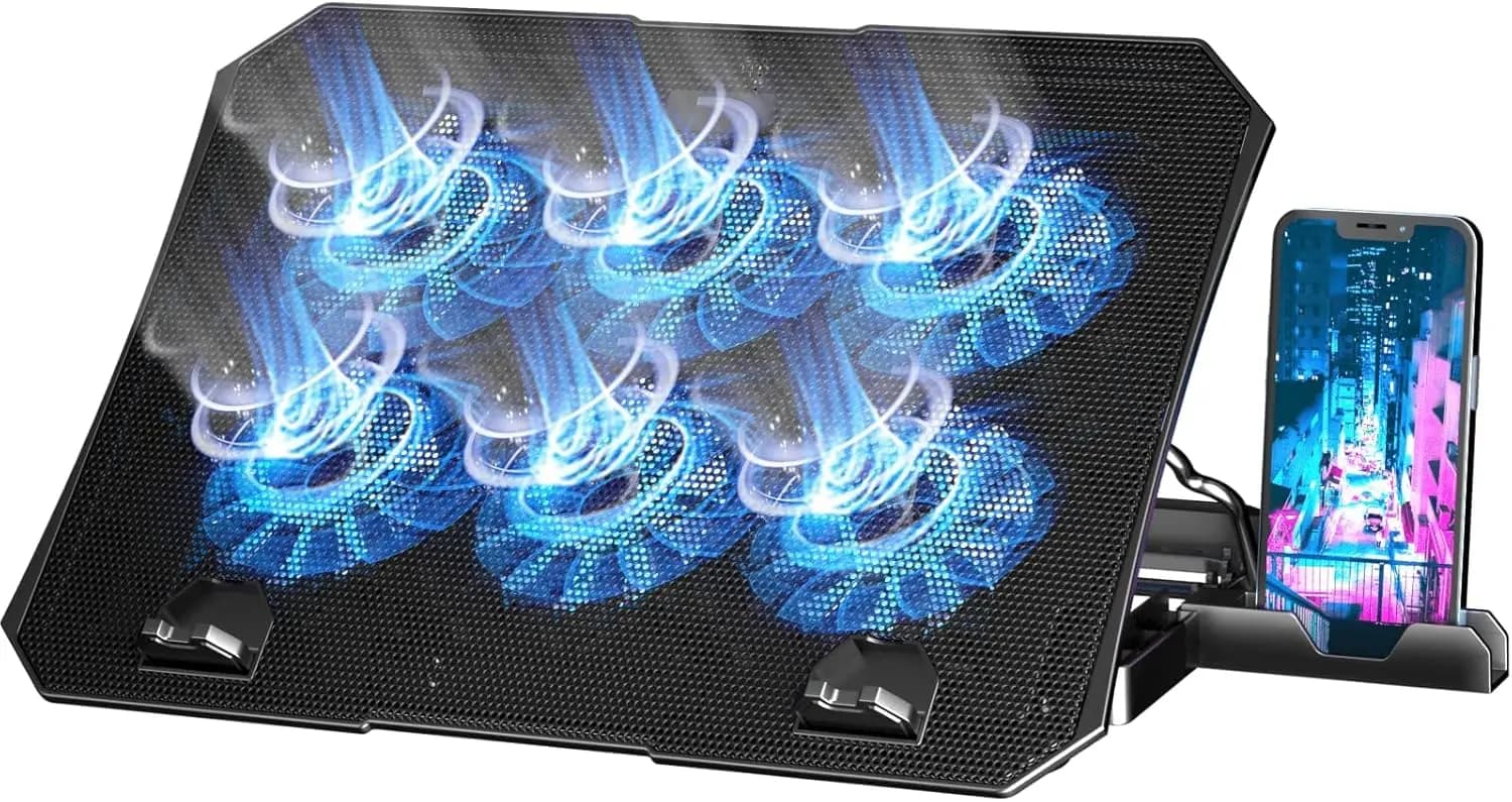 Base di Raffreddamento per Laptop con 6 Ventole e Luci LED Blu, Supporto Regolabile per Laptop da 12-15.6 Pollici, Doppie Porte USB