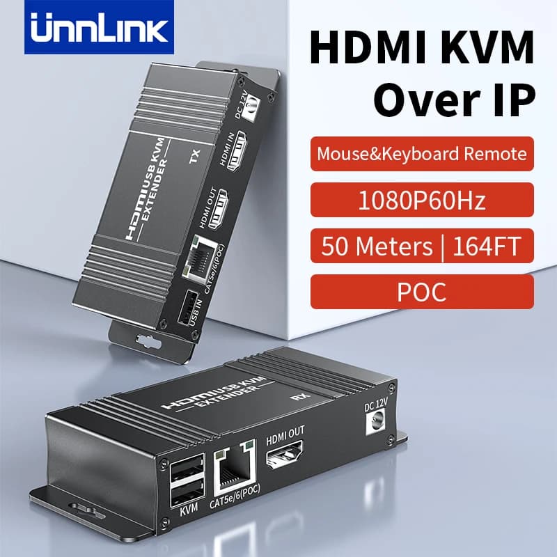 Unnlink HDMI KVM Extender 50M/164FT Over Ethernet Rj45 Lan, Support HDMI Loop Out Mouse Keyboard Control NVR Security Monitoring