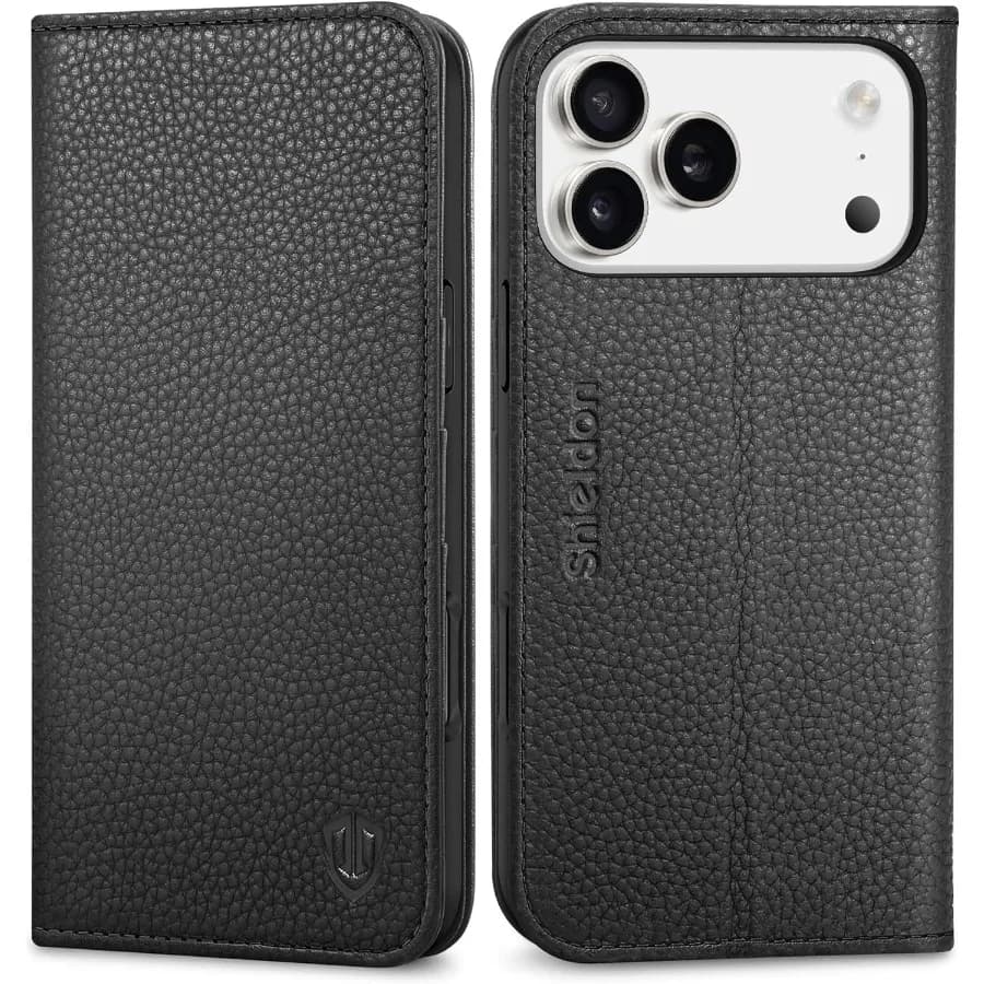 Custodia a portafoglio in vera pelle nera ciottoli con cavalletto pieghevole e blocco RFID per iPhone 17 Pro Max 6,9 pollici 5G