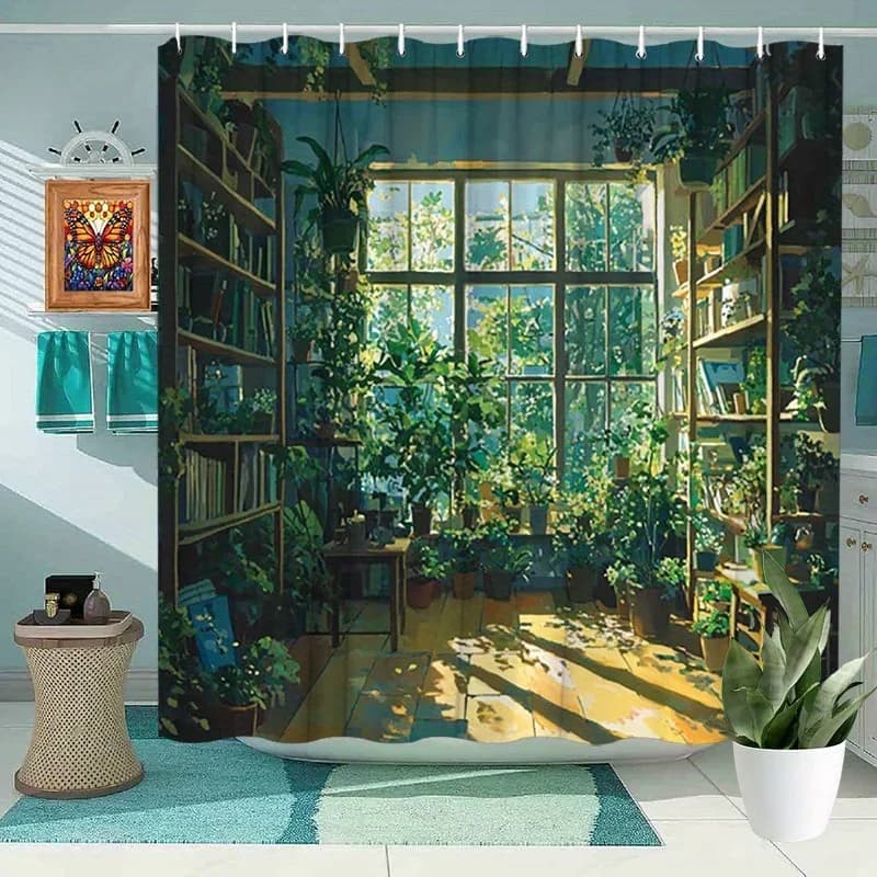 ~O~Sunlit Cozy Library Tenda da doccia - Libri e piante, Arredamento letterario invito, Poliestere, 70,8x70,8 pollici, 12 ganci, Lavabile
