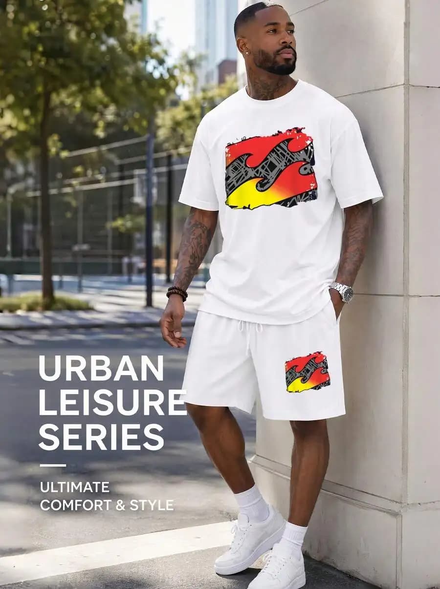Men 2 Piece Outfit Crew Neck T-Shirt And Shorts Set Abstract Wave Print Relaxed Fit Breathable Streetwear
