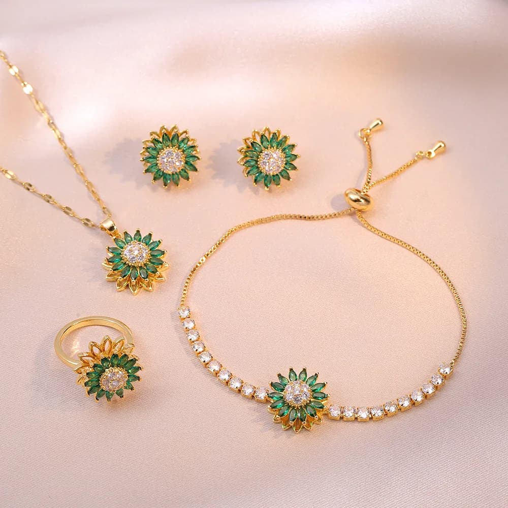 Rotante pietra verde girasole anello orecchini collana bracciali per le donne set di gioielli da sposa per feste in zirconi color oro regali