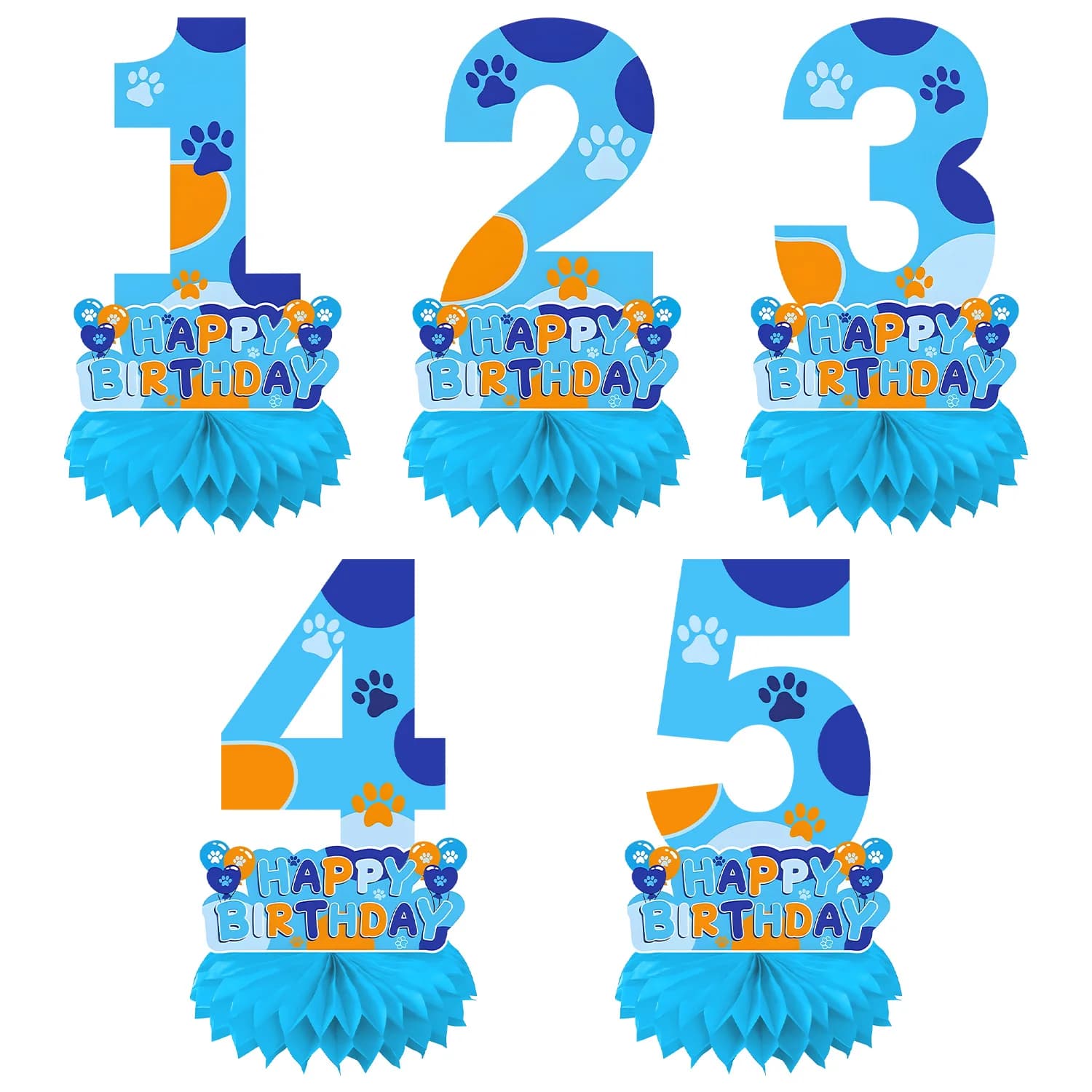 Blue Dog Paw Print Digital Honeycomb Table Centerpiece for Children's Birthday Baby Shower Celebration Pet Party Decoration Favo