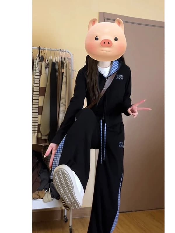 Casual Sportswear Set Women's Short Plaid Splicing Sweatshirt Autumn Fashion Student Outfit Two-Piece Set Long Pants Zipper C...