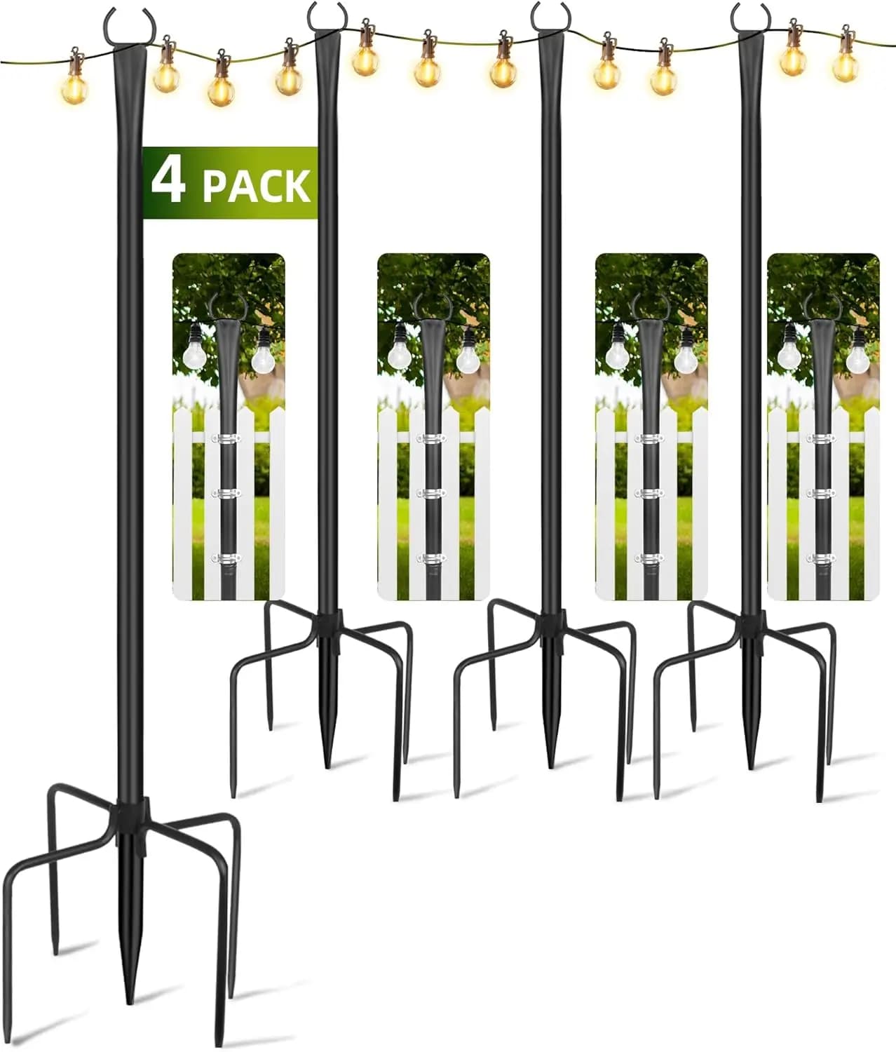 Pali per Luci da Esterno, Set da 4 in Metallo da 3 Metri per Decorazioni di Terrazze, Giardini e Cortili