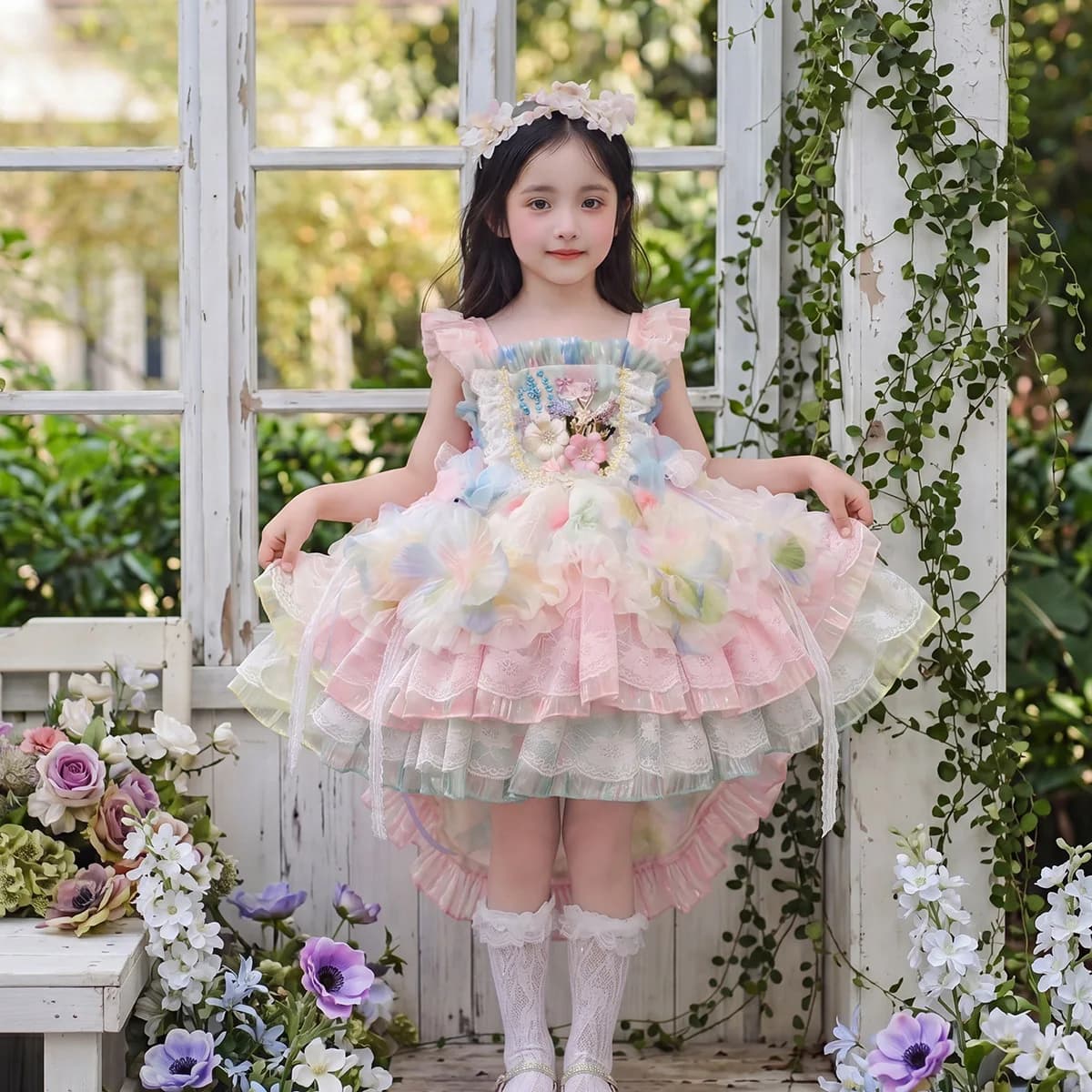 Vestito Lolita per Bambina 2026, Nuovo Articolo Estivo, Abito Principessa in Pizzo Soffice e Colorato per Bambina
