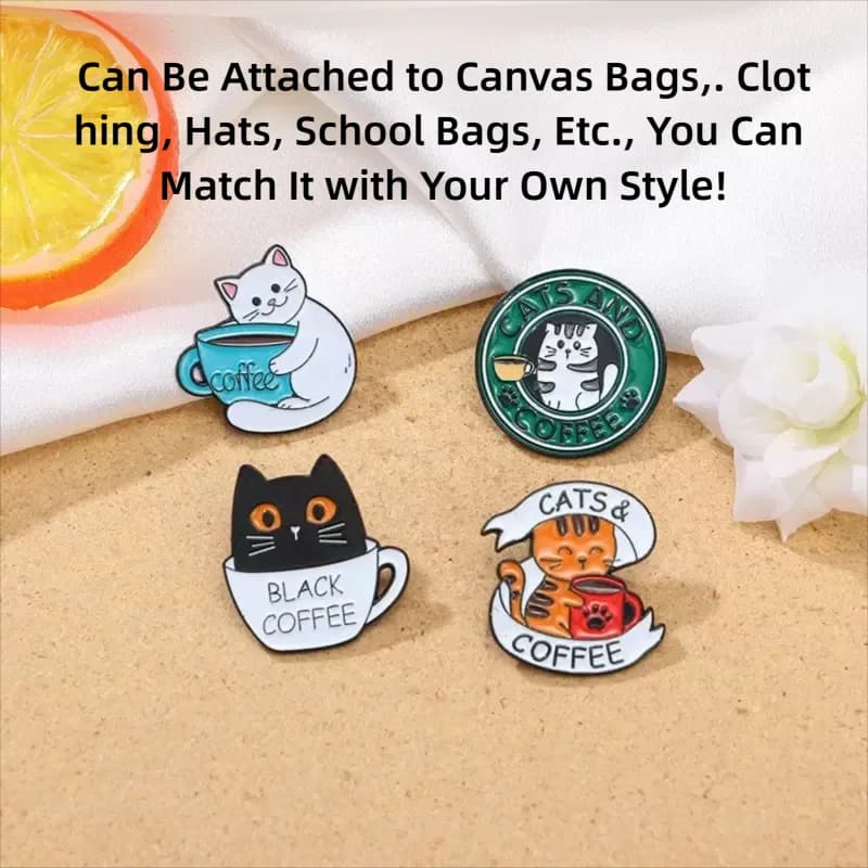 Heya Cartoon Animal Cat Coffee English Text Clothing Hat Bag Pencil Case Decorative Brooch Badge Pin Gift Set of 4