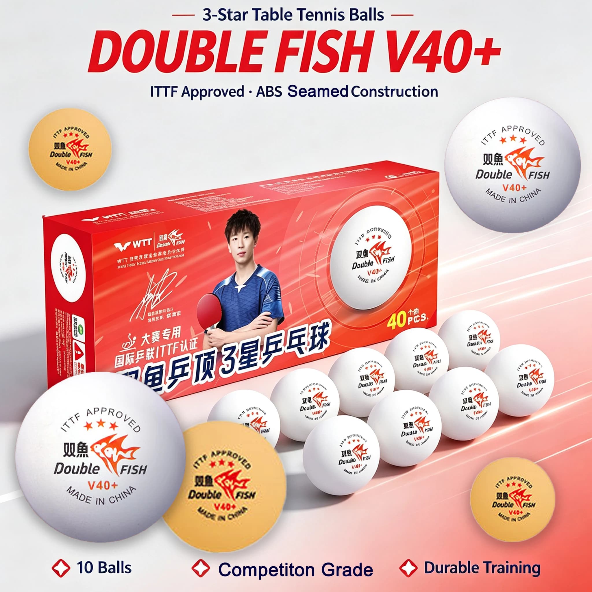 Double Fish v40+ 3‑Star Table Tennis Balls ITTF Standard ABS Ping Pong Balls Official International Competition Training Balls