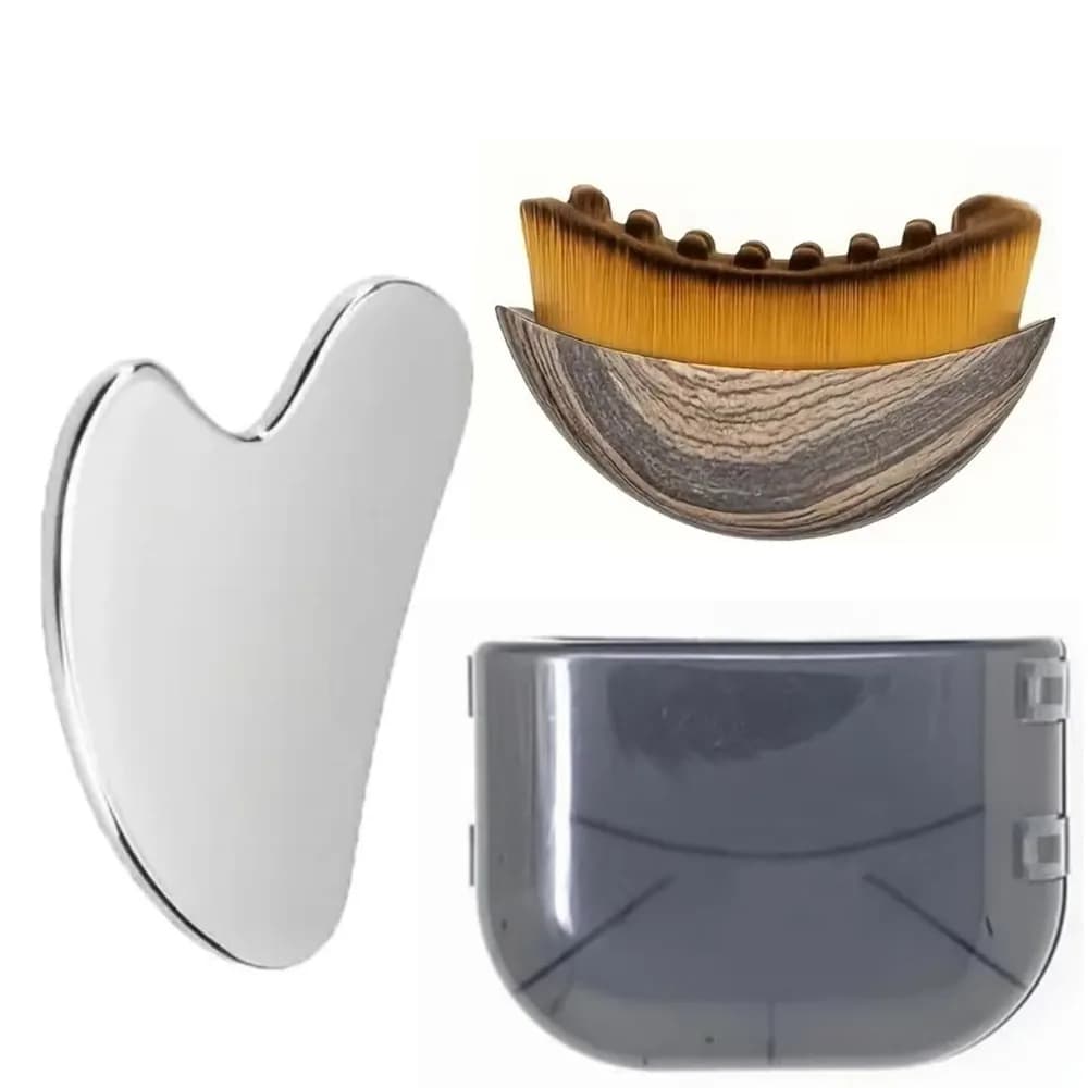 Set of 2 Gua Sha Instruments in Stainless Steel and Linphatic Drain Brush, Mento Modeling Tool, Viso Skin Care Tools