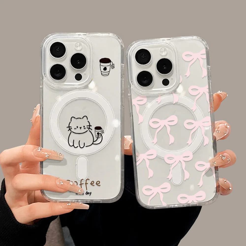 Transparent Magnetic Case for iPhone 17 Pro Max 15 13 11 12 14 16 Pro Max 17 Air Bow Funda