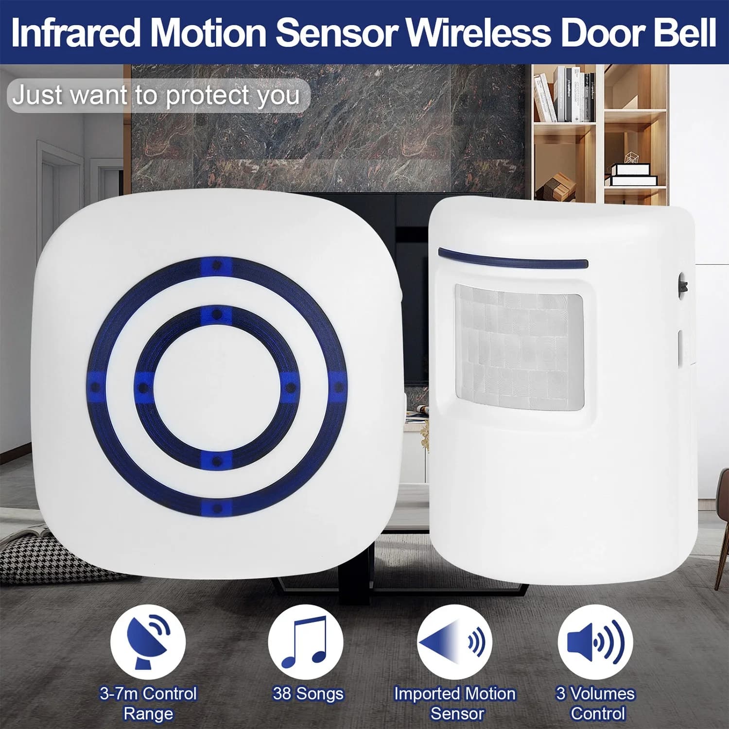 Campanello Wireless Multifunzione con Sensore di Movimento PIR, Rilevatore a Infrarossi, Allarme per Visitatori e Suoneria di Benvenuto