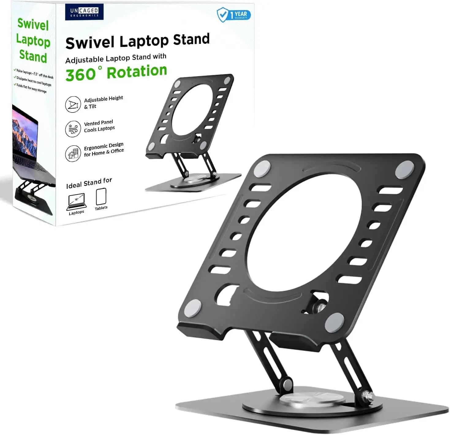 Supporto Ergonomico Girevole per Laptop da Scrivania, Porta iPad Regolabile con Rotazione a 360°, Portatile per Casa e Ufficio (Nero)