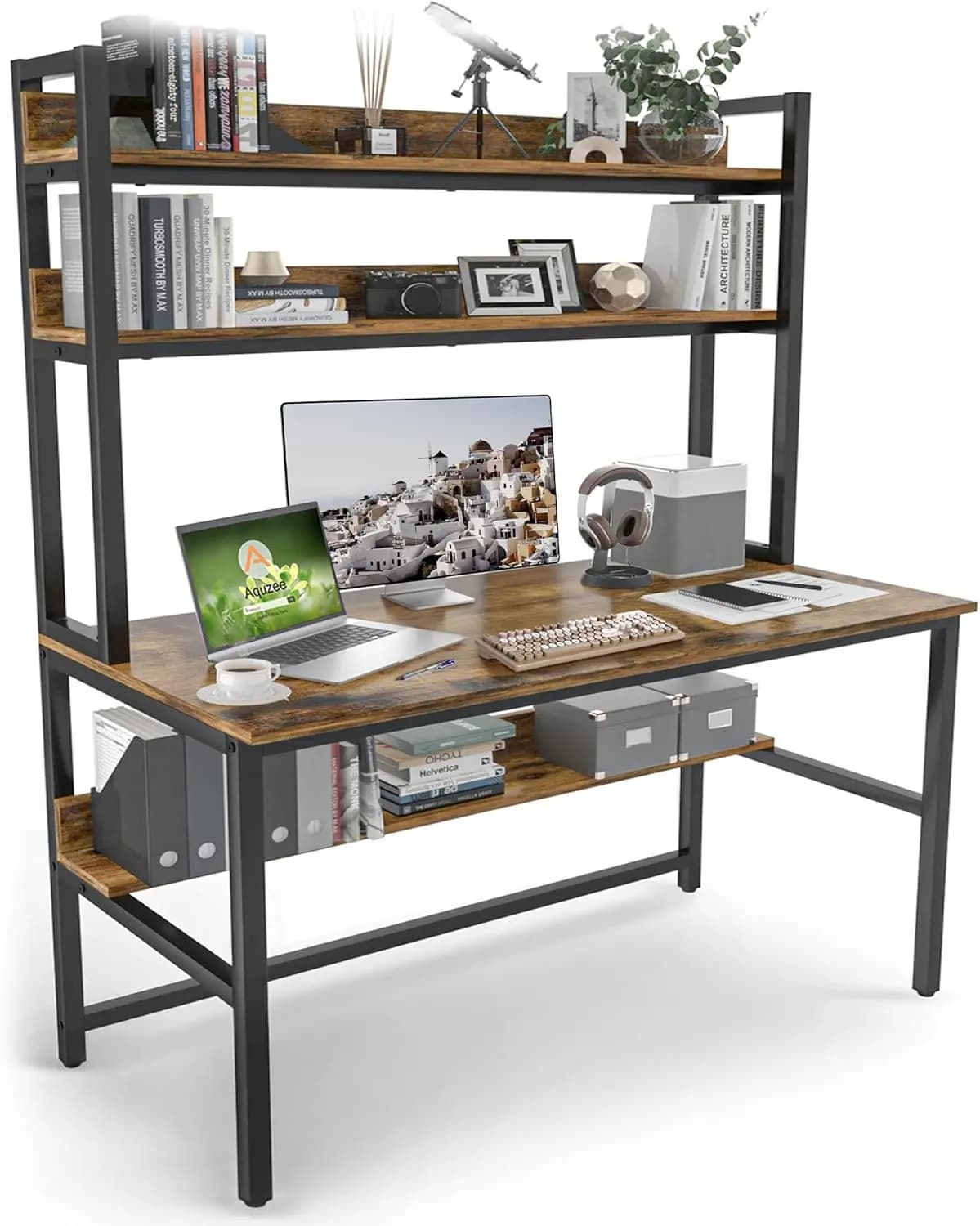 Scrivania per Computer da 55 Pollici in Stile Rustico Marrone con Libreria e Scaffali, Tavolo da Ufficio e Gaming con Spazio di Archiviazione, Facile Montaggio