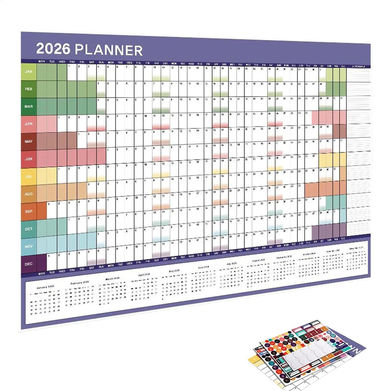 Calendario da parete per Capodanno 2026 Pianificatore mensile Calendario da parete Organizzatore di pianificazione riutilizzabile per studio di lavoro Scrivania per dormitorio per bambini in famiglia
