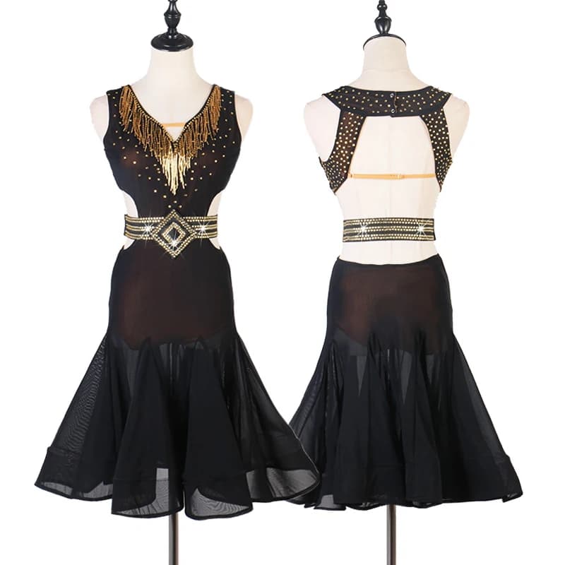Abito da ballo latino sexy senza schienale Donna Abiti neri con scollo a V Samba Samba Cha Cha Costumi di danza Performance per adulti Dancewear 4248