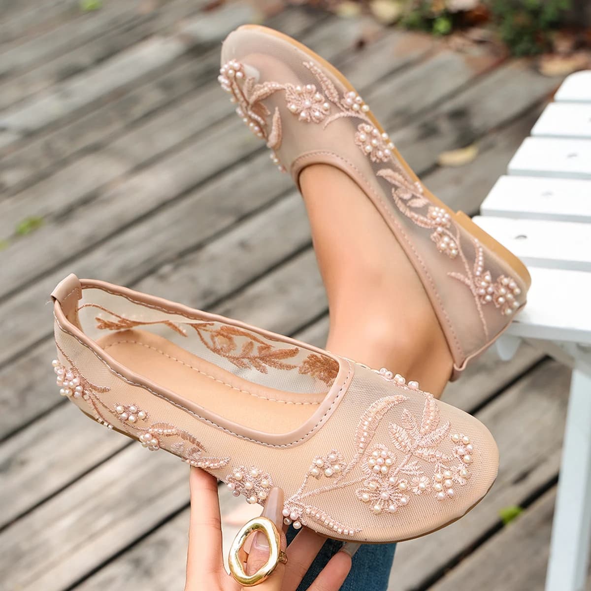 Ballerine Ricamate con Perline e Rete, Scarpe Mary Jane Rosa con Perle, Eleganti e Comode Scarpe Basse Estive