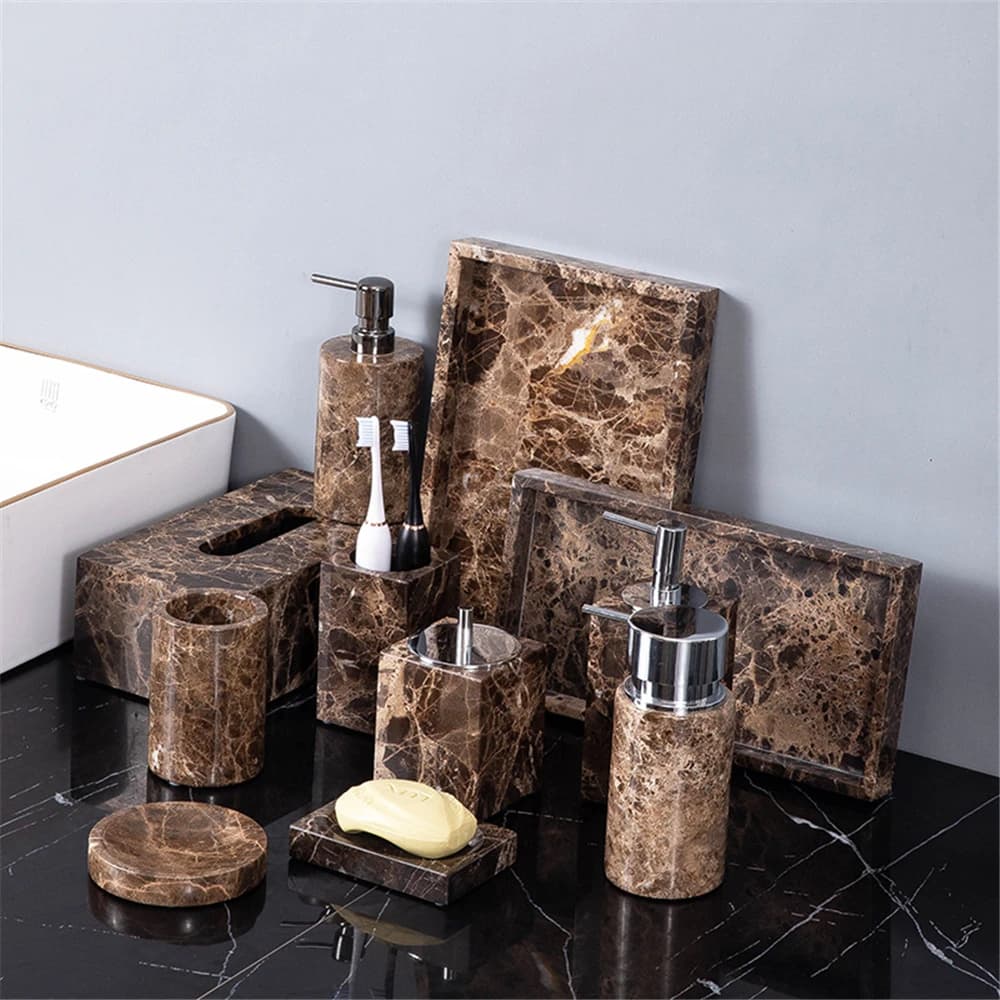 Accessori per il bagno in marmo naturale onice marrone dispenser di sapone in marmo di lusso porta spazzolino portasapone vassoio per il bagno
